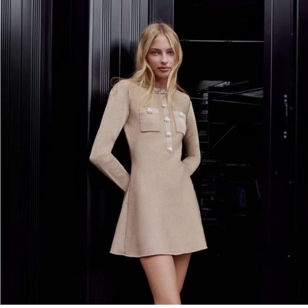 Self-Portrait GOLD CRYSTAL TRIM KNIT MINI DRESS